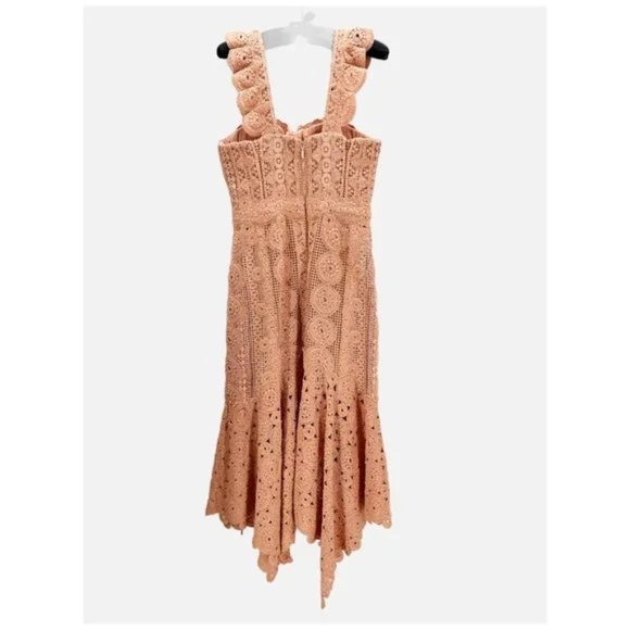 JONATHAN SIMKHAI Cotton-Macramé Lace Handkerchief-Hem Coral-Peach Dress 4 - Picture 6 of 11